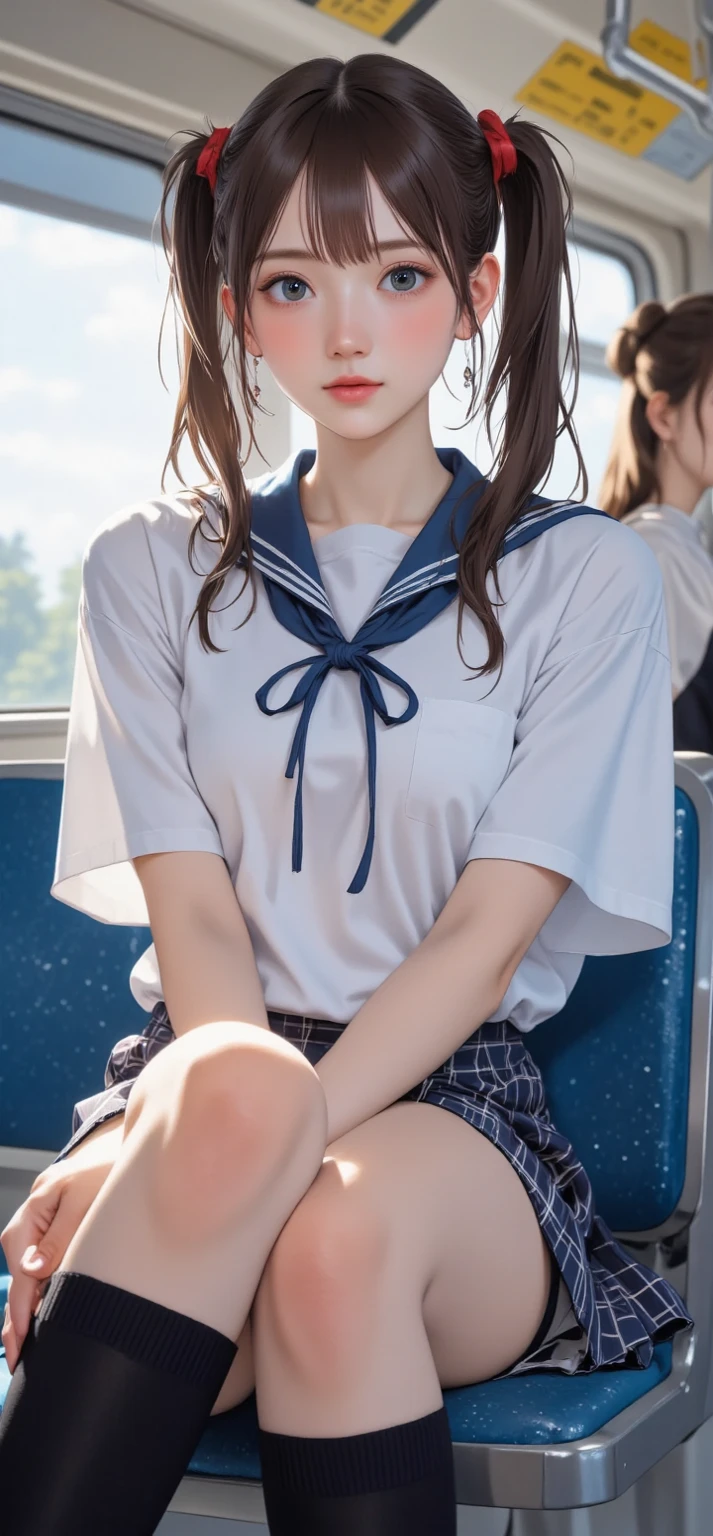 top-quality,ultra-detailliert,​masterpiece,realisitic,Photo Real,Bright lighting,1 girl in, an extremely beautiful , (kawaii:1.2),Thin smile, (Brown eyes),(brown haired),(bangss),perfect glossy skin,flawless skin,((erotick,Sexy and sexually explicit)),((accurate hands without incongruity)), large full breasts,big breasts thin waist, Look at viewers,((a sailor suit)),((Short sleeve uniform white shirt)),(red necktie),(Blue Mini Pleated Skirt),(((skirt lift by yourself))),(lifted by self),(Showing panties),panties on,panties focus,((Sit up,spread legswide)), sockes, (Black knee socks),(Loafer shoes), during daytime,On the train,Horizontal long seat with your back to the window