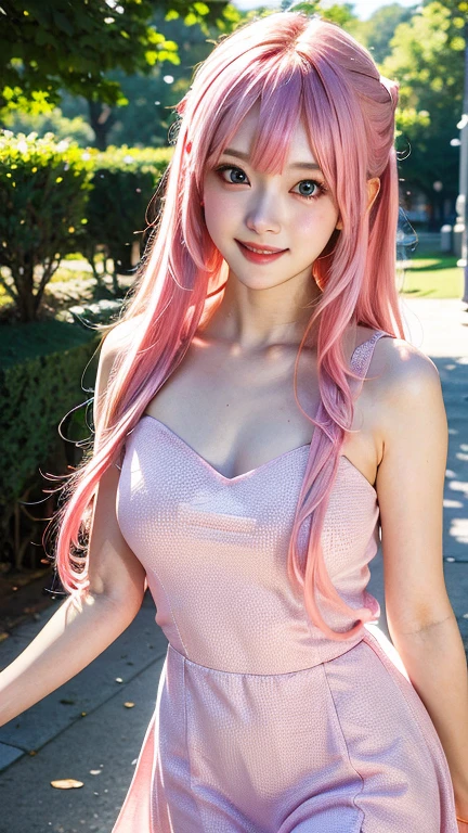 highest quality, masterpiece, Ultra-high resolution, (Realistic:1.6),Smart Body, (Close-up portrait) RAW Photos, 1 girl,22 years old,((I'm showing my teeth and smiling)),((Jet black dress)),((Big smile)),((look up)),((Random cute poses)),,((Passionate light pink haired girl )),((Short bangs)),