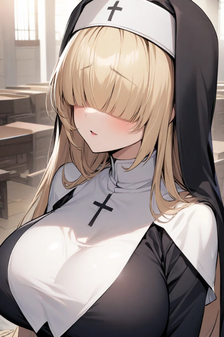 aasister, long hair, nun, habit, white capelet, neck ribbon, (black dress:1.2), long sleeves, white gloves, full-length zipper,huge breasts,expressionless,,arms behind back,upper body,erect nipple,(((dark room))),church,looking viewer