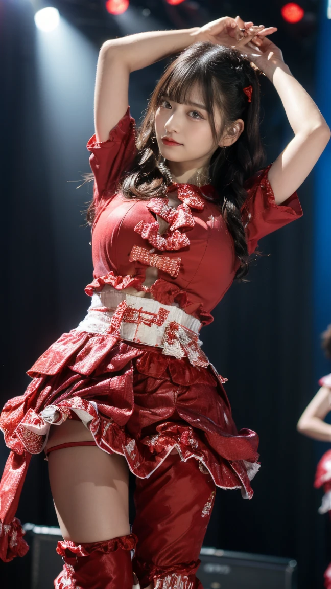 1 girl on stage、s lips、Opening Mouth、realisitic、a picture_\(Curly\)、独奏、idol、Beautie, kawaii, slim legs, Nogizaka46, ultra-detailliert、(high detal)The skin:1.2)、(top-quality:1.0)、(超A high resolution:1.0)、(Orchan-6500:0.3)、Wavy detailed hair、length hair、Stage lighting light、(Beautiful detailed makeup)、(sexual excitement、red blush、Rough breathing:1.0) )、Studded flower themed petals、18year old, idol,  microphone, Stage costumes,