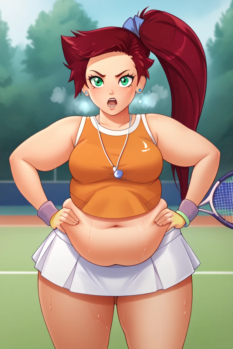 Maisie Williams, masterpiece quality, realistic, lots of detail, 1girl, solo, alone, (alone:1.9), beautiful sunny day, beautiful clouds in sky, on a tennis court, wearing a tennis uniform, wearing cop top, midriff, wearing short pleated skirt, average breasts, (average breasts:1.3), chubby belly, (chubby belly:1.1), chubby body, sexy pose, seductive face, empty hands,