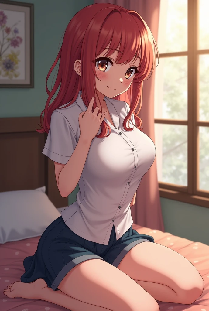 Beautiful girl, one, anime, ginger, bed, girlfriend, oversized T-shirt, panties, laying down, happy, big tits