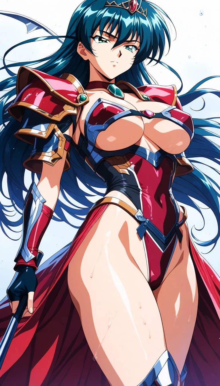"(masterpiece:1.1), best quality,
1girl, (80s anime style:1.4), (eyelashes:1.5),
(intricate high detailed body:1.2),
aqua hair,
(hair between eyes:1.1), (twintails:1.1), (hair ribbon:1.2),
red eyes, (red lip stick, eye shadow:1.1),
(huge breasts:1.1),
happy, smile, open mouth,
(string leotard armor, navel cutout, tattoo:1.2),
(knight armor, armored boots:1.2), (ribbon:1.1), (ahoge:1.2), necklace,
standing, hand on hip,
(cowboy shot:1.1),
(simple white background:1.2)"