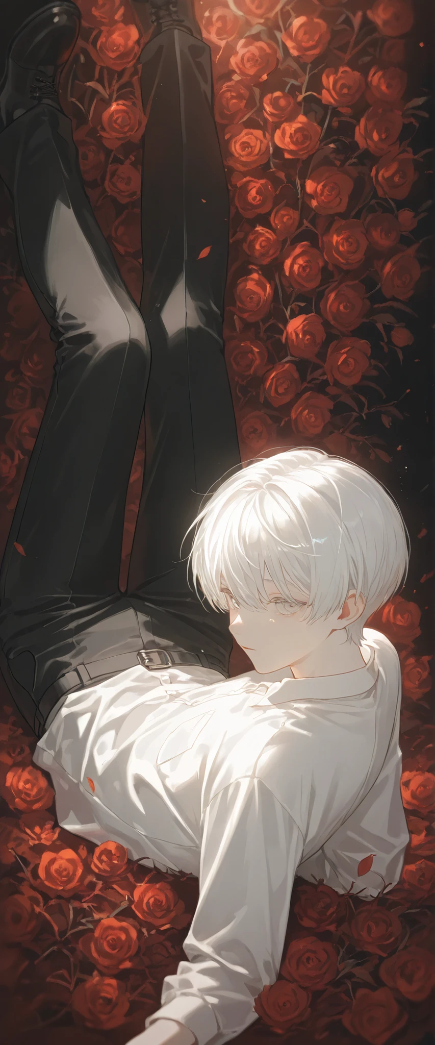 (1 boy with white hair short cut:1.4),Red flowers lie in many coffins、 white shirt、black pants、moonlight