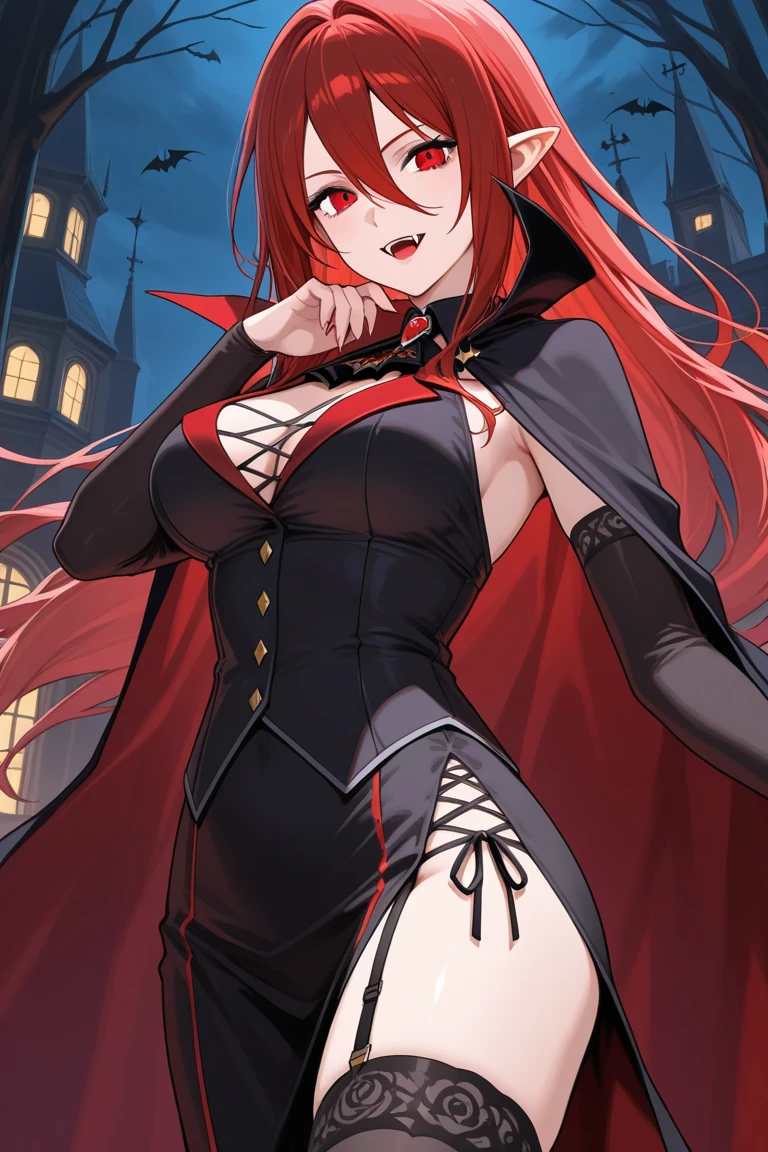 ((masterpiece)), ((best quality)), 1girl, long hair, big bust, ((red hair)), very long red hair, ((intimidant look)), ((close-up)), hat, ((red clothes)), profile image, blood in the face, yellow eyes, sexy, ((bodysuit)), dark colors, brillant eyes, neckline, ((wavy hair)), exposed skin, ((sexy pose)), ((intimidant look)), good anatomy, ((straight cut bangs)), black gloves, evil, emotionless, intimidant, bloody, ((beautiful eyes)), dark background, close up, ((detailed eyes)), beautiful eyes, hair bang, frontal look
