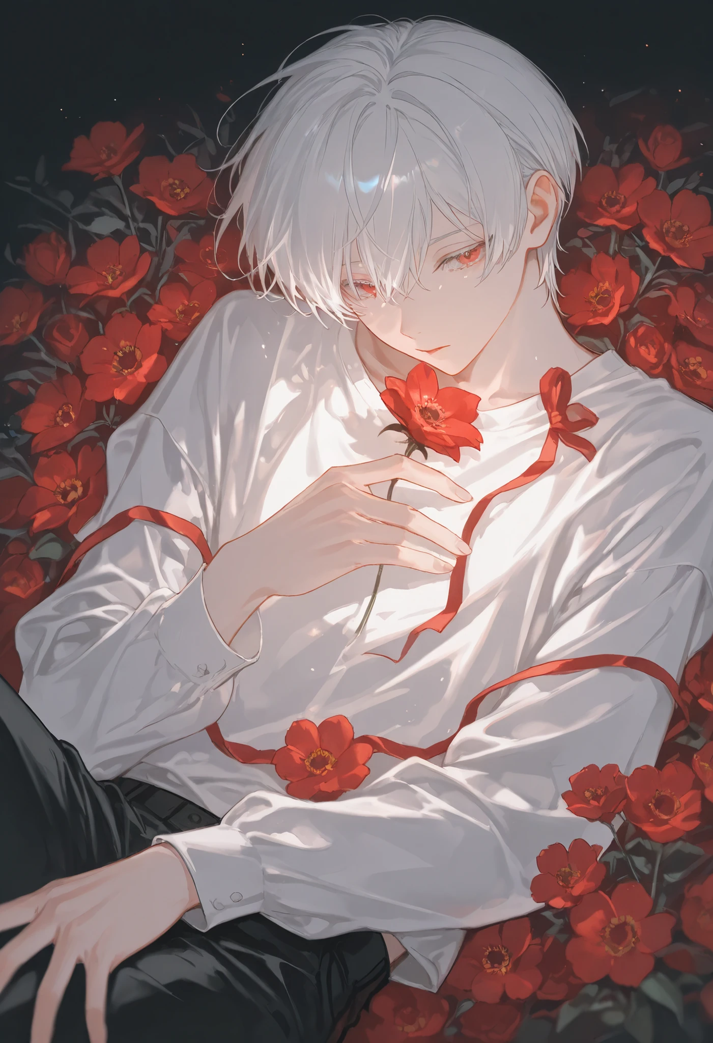 (1 boy with white hair short cut:1.4),Red flowers lie in many coffins、 white shirt、black pants、moonlight