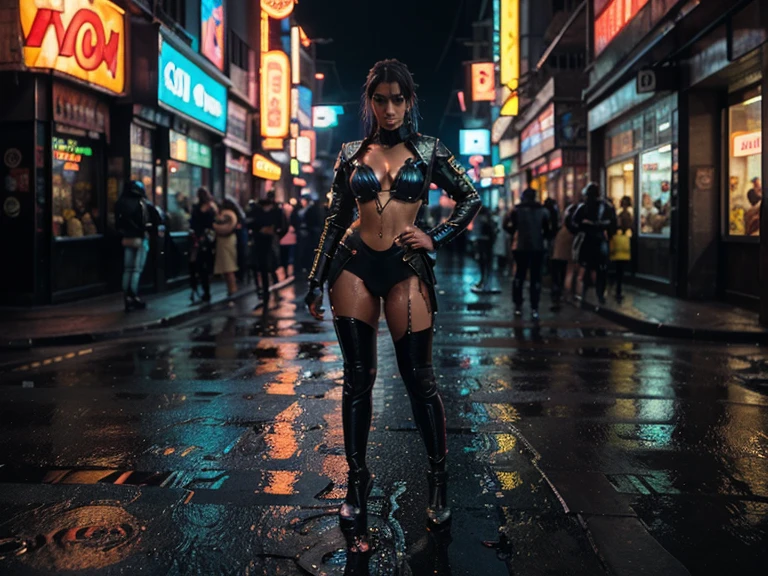 ultra detailed photo, 8K Ultra HD, highly detailed, super realistic, in the style of Saturno Butto, Jessica Rossier and Chris Foss, 8k photo portrait of a crazy tattooed baroque humanoid artificial intelligence of the Yakuza gang in futuristic underwear, at a busy crosswalk in Buenos Aires, Argentina, obelisk at night, highly detailed, vivid, cinematic production, reflections on wet street, 8k, film grain, graffiti on walls, model with big butt, dark background, fog, neon lights, one person in focus, few people in the background, rain, wet skin, model pose from the front