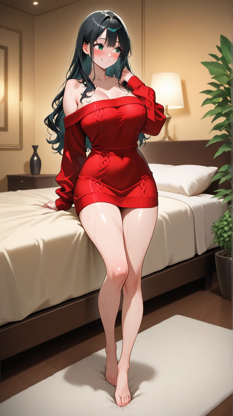 (masterpiece:1.4),(best_quality:1),ultra high res,4K,ultra-detailed,photography,8K,HDR,absurdres,highres,film grain,lens flare,extremely detailed CG unity 8k wallpaper,perfect lighting,(realistic:1.3),
1girl,solo,mature female,yellow eyes,breasts,cleavage,bare shoulders,<lora:zhiyu:0.7>,shiny_skin,oil,sexy,see-through lace bra,long hair,purple hair,pantyshot,high heels,indoors,bedroom,city,neon lights,Bustling city,window_,bed,tile_floor,looking_at_viewer,eye-contact,smile,sitting,(red see-through impossible_dress:1.5),