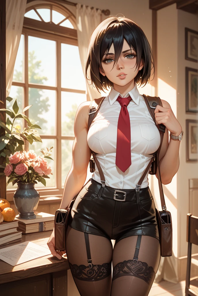 (Masterpiece, highest quality, highest resolution, distinct_image, very elaborate CG, cinematic lighting, ray tracing, drop shadows, detailed detail, (photorealistic: 1.4), high quality textures, fine-grained, realistic facial expressions): (lone girl, face is Japan, blue short hair, hair tied back, small size breasts, Sparkly eyes, eye level shots, happy smile, beauty, slim body, holiday, own room, console games, computer, display, keyboard, mouse, long leather pants, white shirt with collar, leather vest, cardian, handgun holder, carrying leather bag on back, long boots, antique radio, coffee, Model trains, bookshelves, wooden chairs, pots, fans, paintings, stuffed animals, ties, notebooks, stationery, vases, photo frames, letters, fountain pens, calendars, lamps, cushions, baskets, full-length mirrors, candles, newspapers, sweets, park view outside the window, telephone, fruit, telescope, retro TV, camera, )