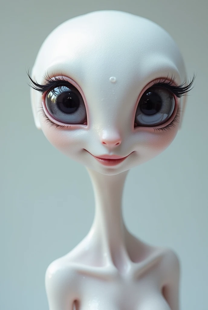 (((Masterpiece))), (high quality),(one alien girl:1.2), ,(innocent smile),5 head,(skinhead, gray alien, large black almond shaped eyes,:1.2),(no hair, no whites and no ears:1.3),(wearing silver body fit suit:1.2),(in the forest at night:1.5),(turns around:1.5),振り返る,振り向く