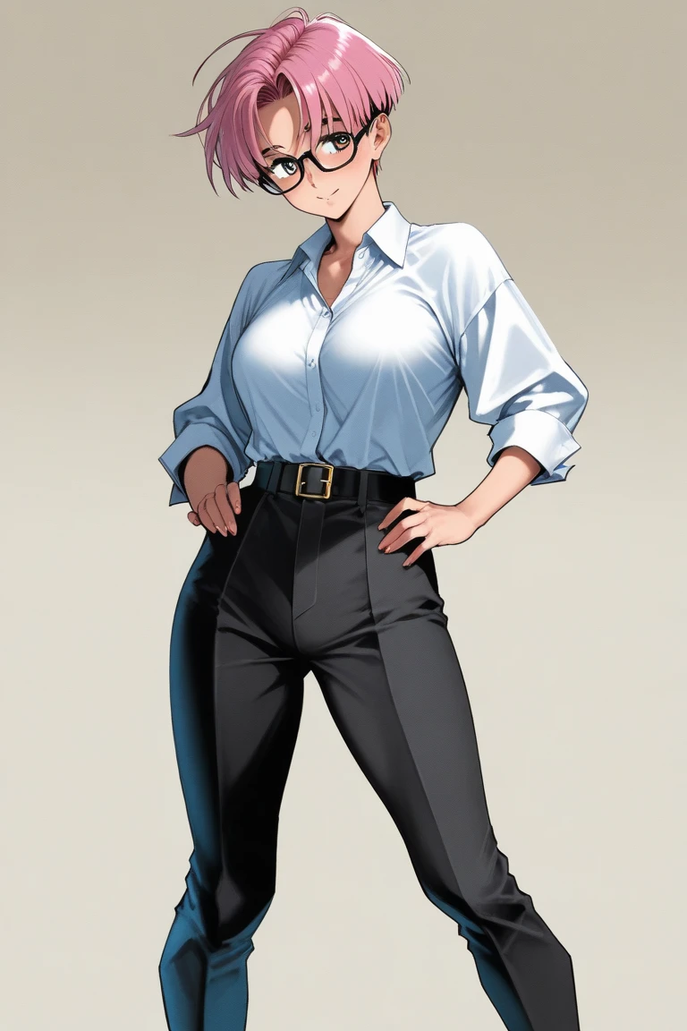 una Chica linda milf pecho grande cabello azul menchon corte corto su ojo amarilla se viste blusa de botone manga corta muestra ombligo y un pantalon morado grande tacone negro