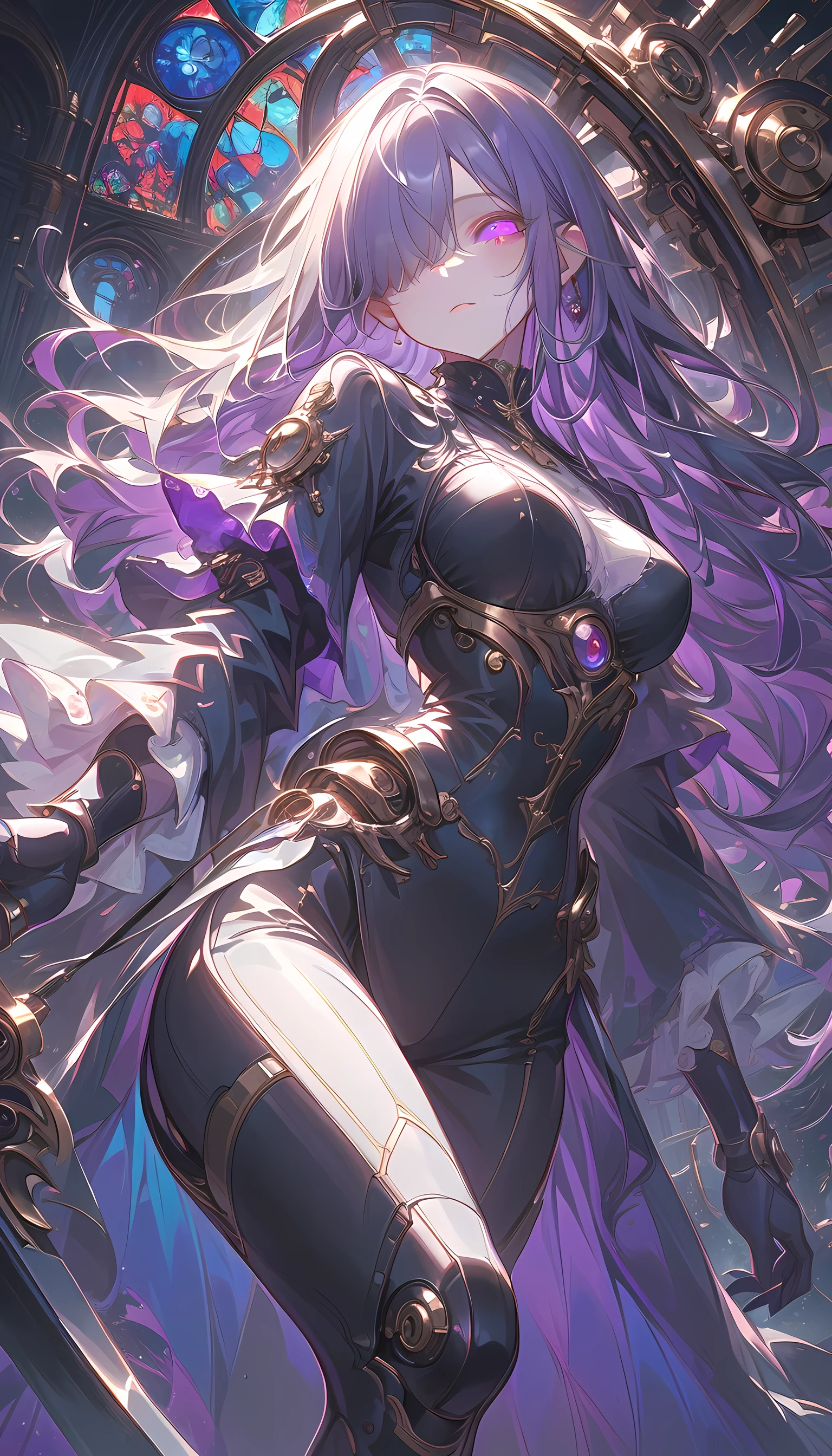 (high quality, 8k, 4K, high contrast, artwork:1.2, high quality, best aesthetics), (dynamic angle), ((1 woman)), erotic, sensual, mature body, super detailed, beautiful face detailed, beautiful eyes detailed, detailed beautiful mouth, sexy body, perfect breats, perfect wide thighs, light purple hair, light purple long wavy hair, purple eyes, seductive facial expression, black loom, black horns, sexy dark purple medieval armor with golden details, cleavage, exposed thighs, black thong panties, exposed panties, dark purple medieval armor boots, standing, erect body posture, looking at the viewer, centered.