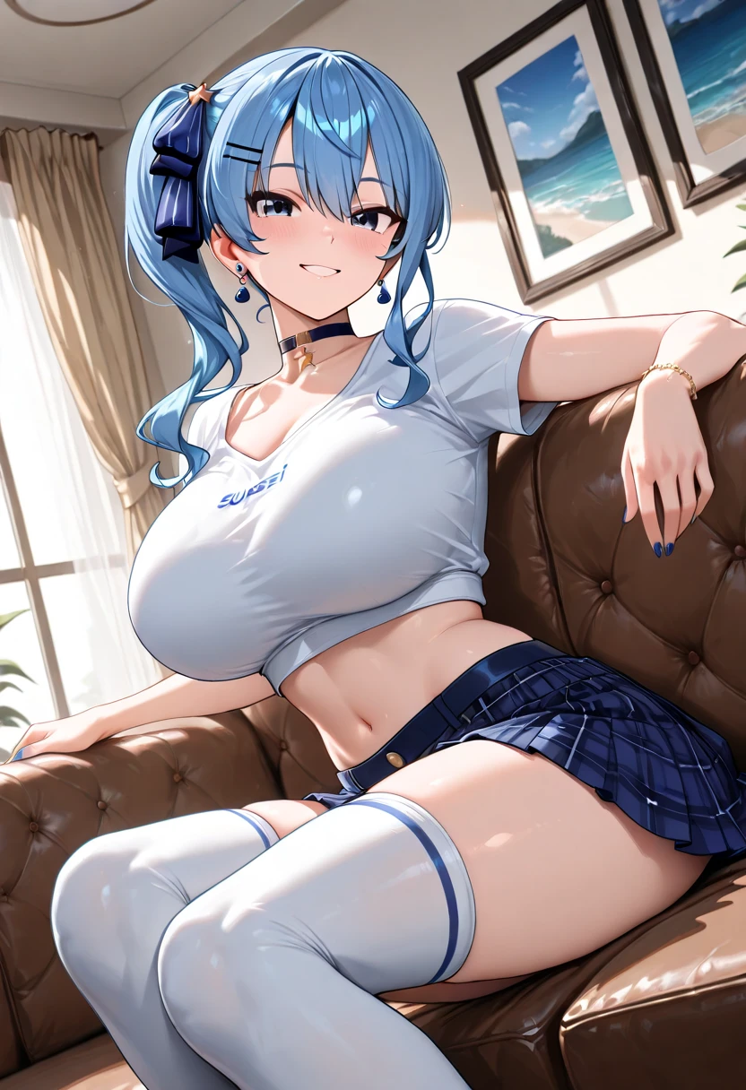 (((,))) (((child,))) loli bodiesw,((shifty,blue hair,blue eyes, cat ear headphones blue shirt sailor collar white skirt wrist cuffs socks sneakers,)),((solo girl)),((Perfect body,))((Super beautiful,))((High quality,)), (sweaty,) (wet all over,) blush, steam,((gigantic breast)),(glaring shyly smile),((Lift up the hem of her skirt to show off her crotch,Pleated skirts that are too short and expose underwear,))(pov, Looking at Viewer,)cowboy shot,(love hotel room),((squatting and straddling,Show off your crotch by opening your crotch in a crouching posture,))collar,((Show off your crotch by opening your crotch in a crouching posture,She turns around with her back to me, sticking out her butt,from back view,Directly behind,Turning your back to me, sticking out your butt,)),nipples,small mouth,spread pussy,open mouth,