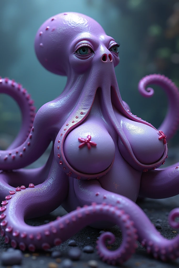 nude woman, middle-aged, pregnant, short black curly hair, very beautiful perfect face, perfect flawless skin, perfect nose, perfect lips, crying, pupils turned upwards, face expressing anguish and sadness, tongue sticking out, big breasts, dense pubic hair, lying on her back, a huge tentacle monster penetrating her anus