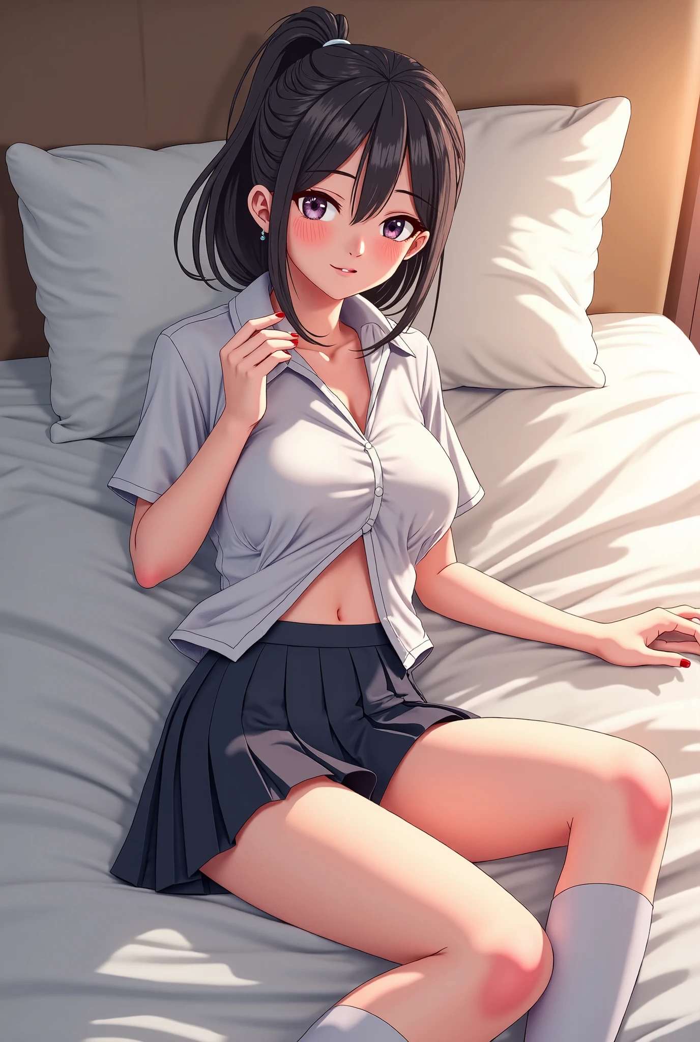 Boa hancock, 1girl, solo, ((white shirt)), black thighhighs, breasts, cleavage, uniform, office background, black skirt, pleated skirt, office, hair between eyes, large breasts, long hair, looking at viewer, black hair, red short nails, black eyes, solo, thighhighs, thighs, very long hair, ((masterpiece)), bed, bedroom, window, pillow, sitting, name tag, id tag, indoor, golden earing, short sleeve, office shirt top,