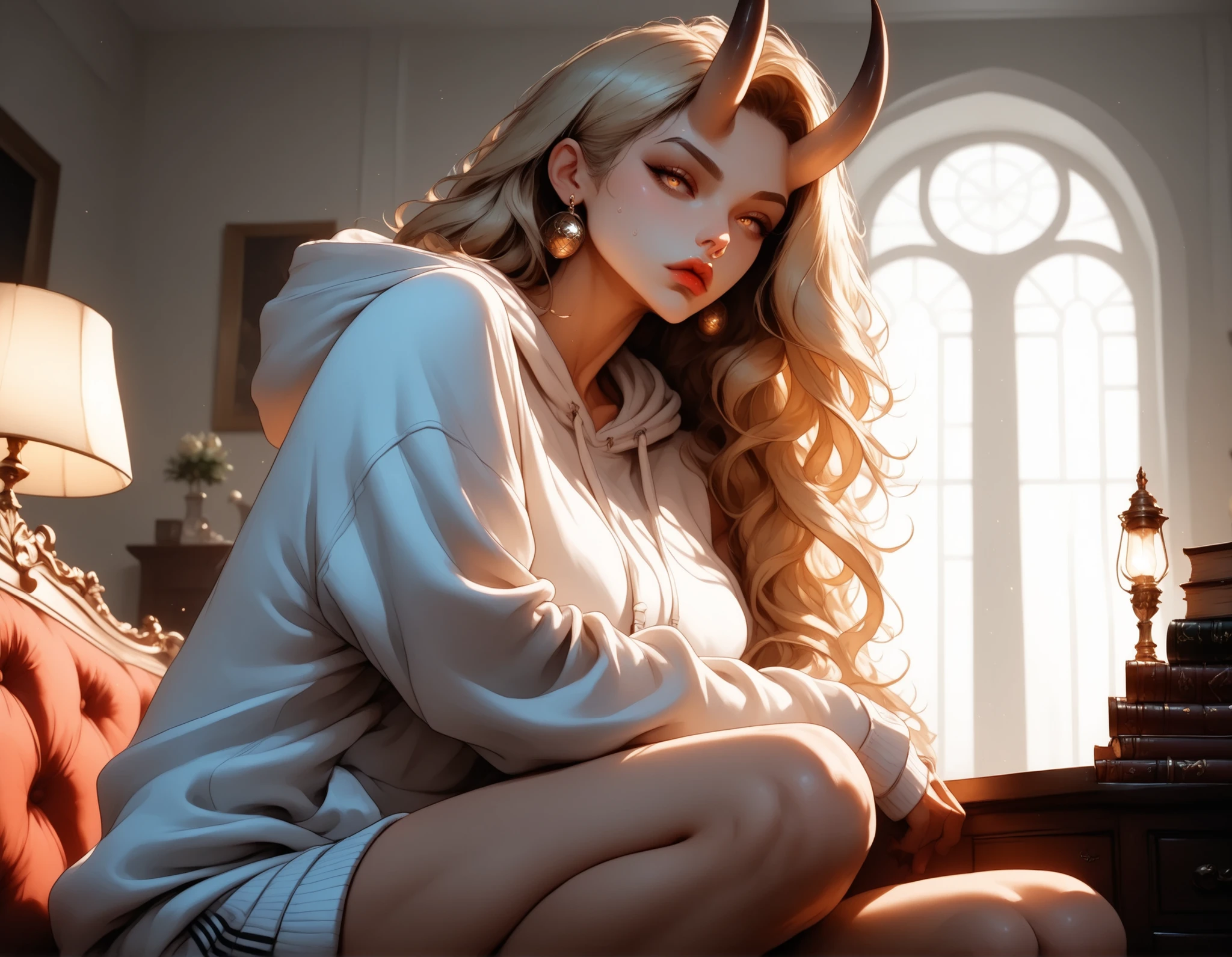 (masterpiece:1.2), (best quality:1.2), ultra detailed, 8k, watercolor, cinematic lighting, volumetric_lighting, rim light, soft shadows, ((forced_perspective)), (Diminishing scale perspective:1.3), messy dormroom couch cluttered with books and clothes, soft amber glow from a desk lamp, platinum_blonde_hair, long_hair, wild_hair, thick_black_horns, glossy_horns, detailed_face, (sharp jawline), (high nose bridge:1.2), (pouty lips:1.2), full lips, soft skin, refined cheekbones, glowing_skin, arched eyebrows, visible philtrum, large_breasts, oversized_white_hoodie slipping off one shoulder, bare_thighs tucked under her, sweatpants bunched around ankles, barefoot, gold stud earrings twinkling, sharp eyes reflecting warm room light, sitting_on_couch, upper_body, relaxed_pose, alluring_gaze, low_angle, cowboy_shot, seductive mood, cluttered_dormitory_background, (lora:Yandere Queen:0.85), (lora:SDXL high detailed. LoRA_SDXL_ARW_0010:0.75), (lora:Waifu Eyes:0.5), (lora:NKxXmo's Shaded Face:0.5), (lora:NoobAI-XL Detailer:0.6), (lora:Detail Tweaker:0.65), (lora:Dramatic Chiaroscuro:1.0), (lora:Vampire Hunter D Bloodlust Style [Pony XL]:0.3)

