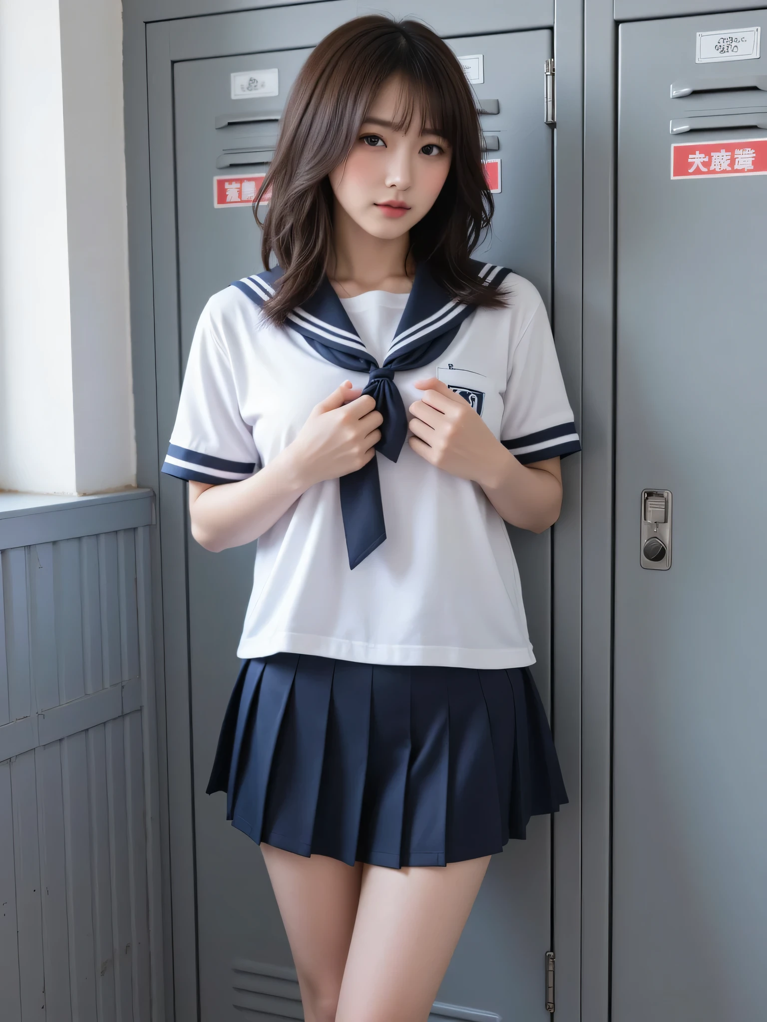 uniform, sailor suit, Skirt flip, half naked, nipple, areola, big breasts, pleated skirt, short hair, baby face, smile, soapland