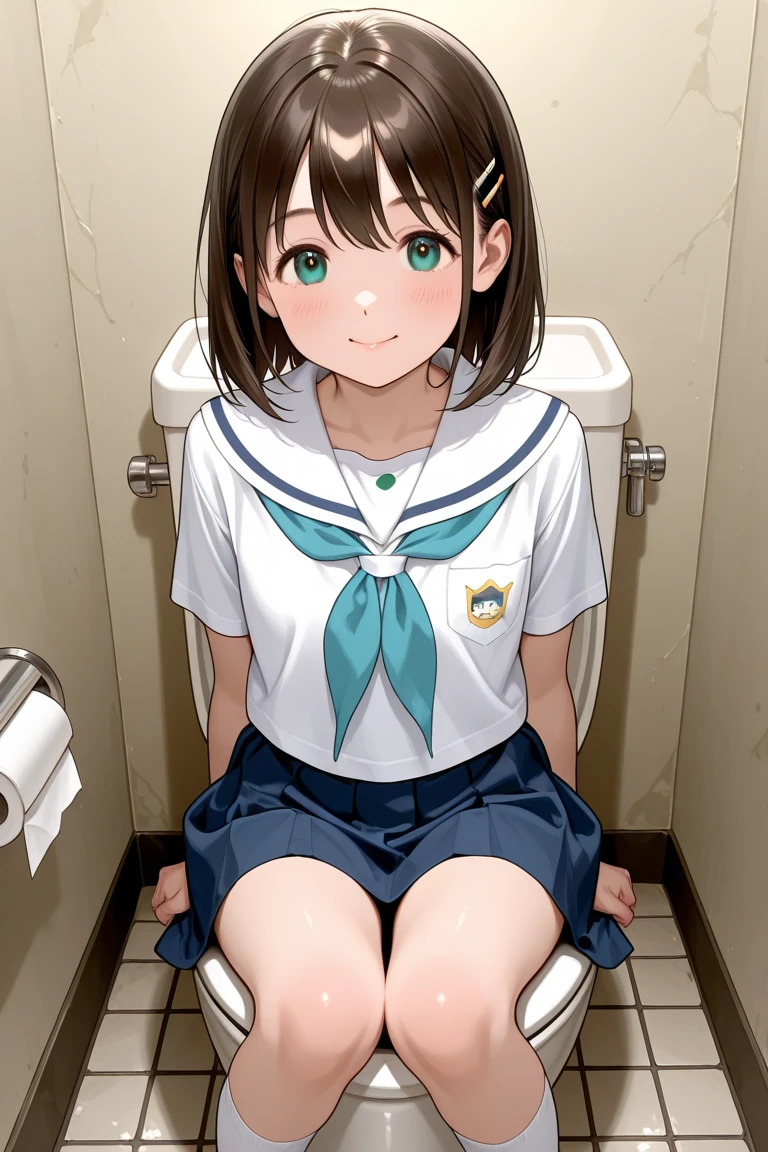 jeune étudiant, assis sur les toilettes, manga style