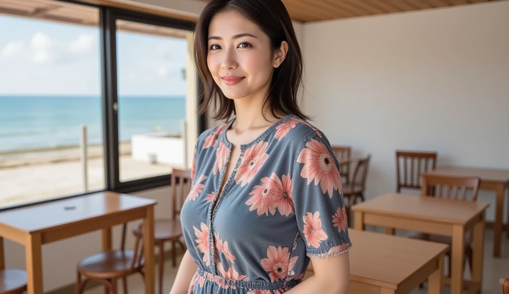 ((highest quality, 8k, masterpiece, Portraiture: 1.3)), (View Audience), Photorealism, Sharp focus, alone, Japan Moro Islamic Liberation Front, beauty,Wavy Hair, Wrinkles around the eyes, For emphasis, ((Big Breasts:1.2))),,50 years old, Carly, Wrinkled eyes, (Casual wear, Stand on your own two feet:1.2)