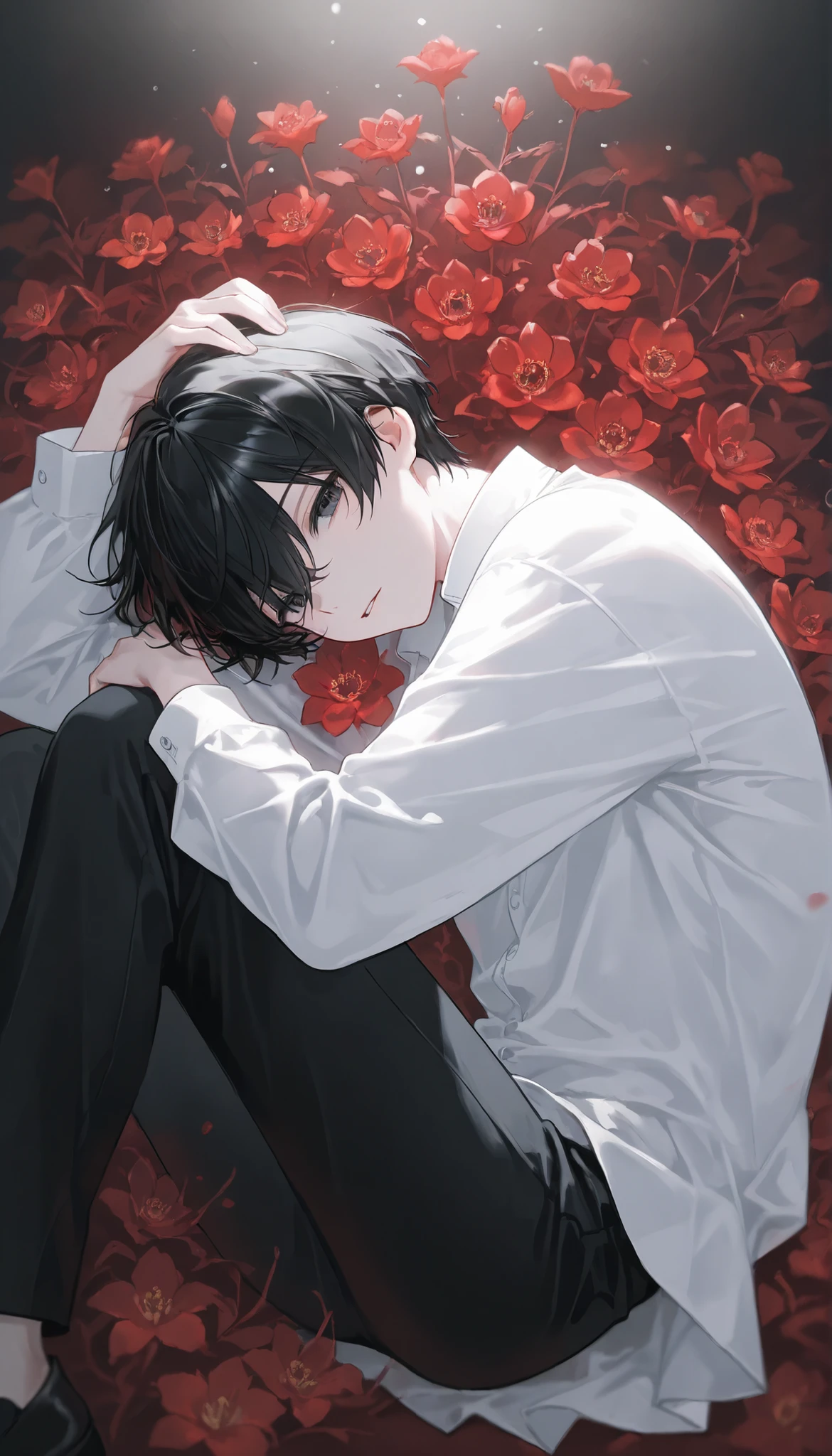 (1 boy with short black hair:1.4),Red flowers lie in many coffins、 white shirt、black pants、moonlight