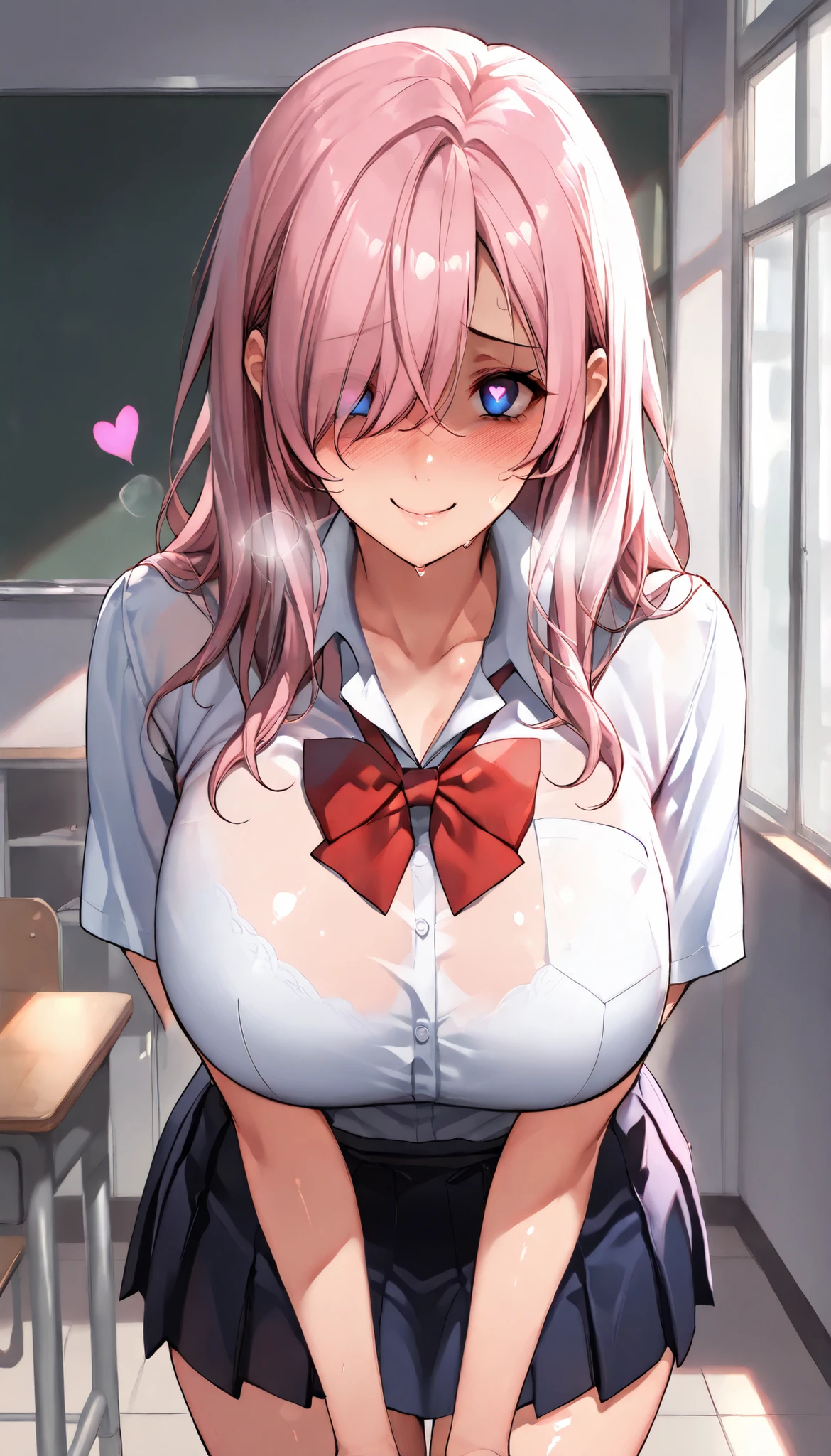 SOLO,Modern Backgrounds,A female with slim body(older girl),blue eyes,huge oppai,shiny skin,(Wearing A loose JK skirt),(Loose school uniform)(See-through),In The school Roof,(yandere),(heart in eye), heavy breathing,Pink long hair, hair over one eye),slightly tilted forward,UHD, SOLO, anatomically correct, masterpiece, textured skin, high details, highres, 1080P, 16k, accurate, Beautiful face, Beautiful Nose, Perfect face, Highly detailed beautiful face and eyes, Attractive face, Detailed face, Delicate facial features, Detailed skin,Cowboy shot