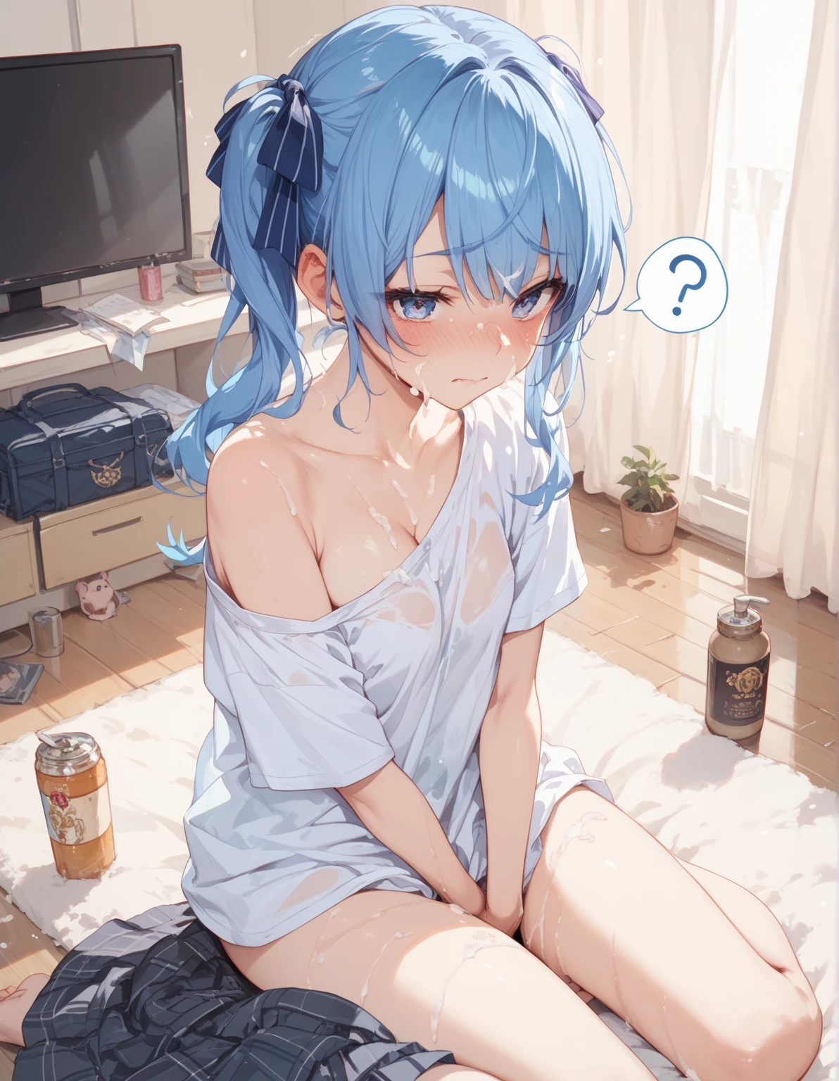 NSFW:1.4,masterpiece, best quality, (((color trace))),((short stature))
((1girl)), solo, open eyes,forced smile,Embarrassing,((((blue hair)))),blue panty,green eyes,grim eyes, pigtail, blush, shortcut hair,hand between legs, between legs, bow, facing viewer, small breasts,naked dogeza,sexual bully,bully,