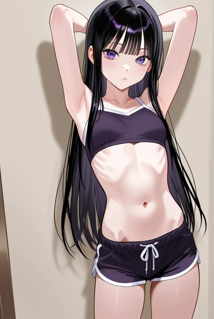 masterpiece, best quality, highres, Matoba Risa, 1girl, solo, busty, flat breasts, black hair, twintail., sport bra, short skirt, looking at viewer, full body, standing, simple background, (?????? pose:1.4), blush, flustered, (panties exposed:1.3), ((arms behind head, double armpits, standing)), Half body, upper body, In the middle, symmetrical, licking lips