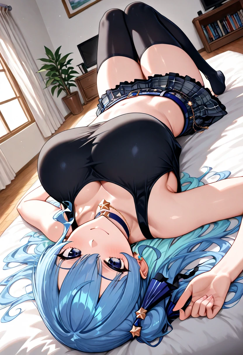 Obra maestra, calidad superior, mejor calidad, Anime illustration, Blue-haired anime girl wears very nice ripped pants, a white shirt, and is in a zombie apocalyptic environment.