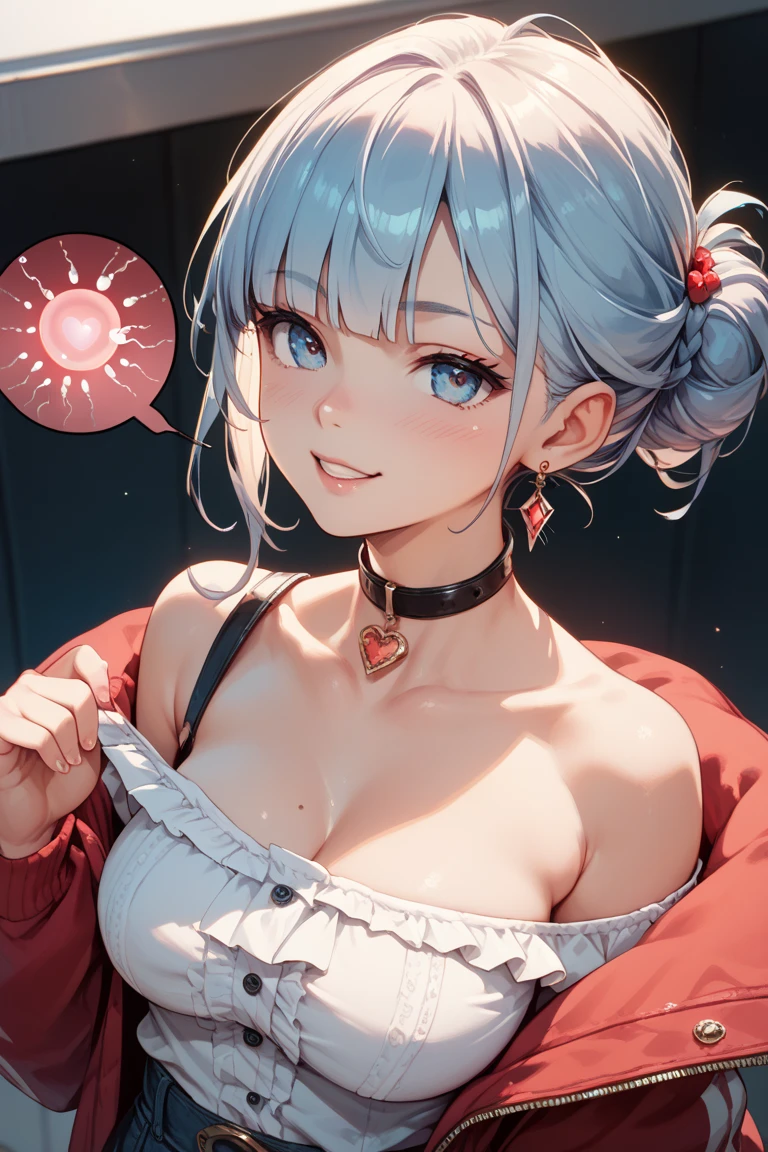 (((masterpiece))), ShizukaMikazuki, One Girl, alone, View your audience, Gray Hair, Cleavage, ((Very large breasts)),Big Ass,blue eyes,Big eyes,clavicle, Mature Body,Attractive body,(Trained abdominal muscles),High resolution, highest quality, super high quality,3D Images、Kumiko、3D Images、A bed with a shining night view、Gray Hair、Wavy long hair、Very detailedな CG Unity 8k 壁紙, [3D Images:1.10],Attractive eyes、[[Fine grain、blue eyes、Shining Eyes:1.15]], , Very detailed,Thin fingers、Front view、Cinema Lighting、Make your face a little smaller,Black sports bra,Blushing,High Ponytail,Sweaty all over,White Breath,Black Ribbon,Charm choker,smile,Earrings,garden,Big eyes,Glossy red lipstick,(Pink Nails),Blur the background,(Big Ass),Tilt your head,dew