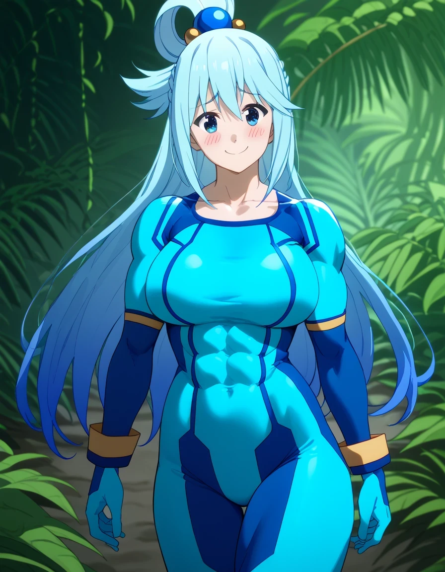 score 9 、score 8 up、score 7 up、source anime、masterpiece、Highest Quality、high resolution、anime coloring、1girl、Konosuba aqua、、aqua \(konosuba\)、solo、Blue Hair、long hair、very long hair、blue eyes、hair ornament、single hair ring、hair bobbles、Big Breasts、covered deltoids、covered anterior deltoids、covered middle deltoids、covered posterior deltoids、covered biceps、covered biceps long head、covered biceps short head、covered triceps、covered triceps medial head、covered triceps long head、covered triceps lateral head、covered brachioradialis、very large breasts、toned body in a dark hospital、Strong muscles、chunky muscle 、(muscular female:1.amus aran cosplay、samus aran \(cosplay\)、blue bodysuit、bodysuit、blue gloves、covered navel、covered midriff、covered stomach、covered collarbone、covered thighs、covered semitendinosus muscles、covered hamstrings、covered adductor magnus muscles、skin tight、zero suit、Outdoors、jungle、blush、smile、looking at viewer、woman's focus、cowboy shot、dutch angle shot、