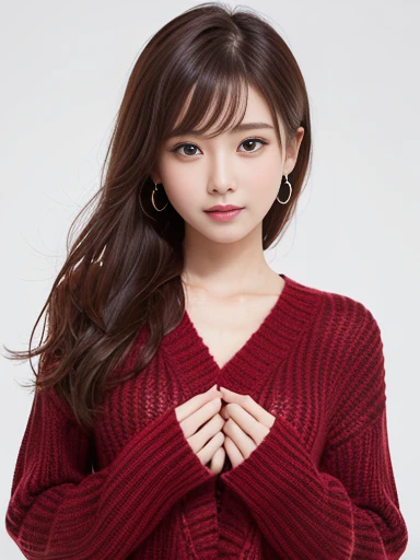 (Random single color background: 1.5), Gorgeous lingerie, Gorgeous panties, Realistic lighting, light brown hair, smile, light smile, seductive smile, Verism, first-person view, pov, Surrealism, 8k, UHD, best quality, highres, award winning, high quality, high details, super detail, textured skin, anatomically correct, masterpiece, ccurate, retina, 1girl, solo, full body, (Crossed leg), (sit in a chair), (Sexy look), V-neck Off shoulder, V-neck knit dress, Tight dress, Princess dress, mini-knit dress, Knee length, knit dress, party dress, long sleeve, Lady, sexy, Knee length casual dress, Elegant, office lady, Second meeting, wedding style, Korean Fashion, Kpop star, Kpop fashion, Kpop idol