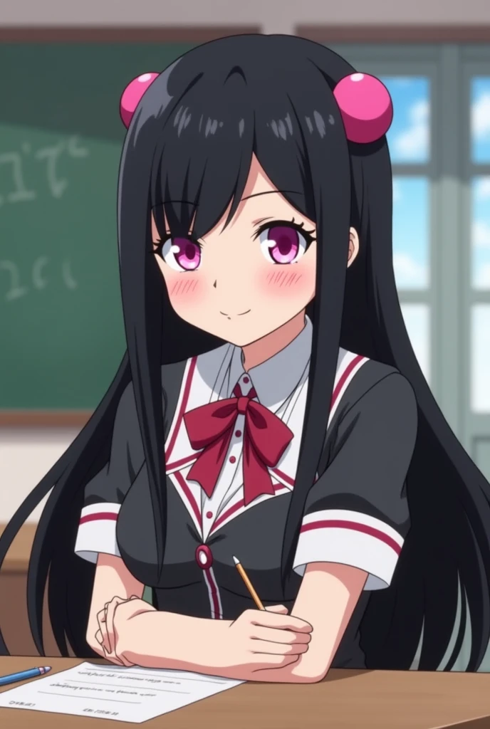 best quality, expressive eyes, perfect face, black hair, long twintails, straight bangs, pink eyes, smirking expression, pink gyaru outfit, pink lips, big breasts, adult, evil,  uniform, long nails, gyaru fashion, evil expression, cute background, cute pose
