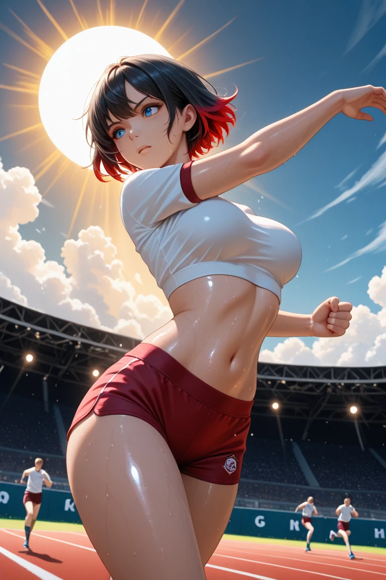 a beautiful sexy girl, short red hair in a pixie cut , wearing a white croptop, studded ears, (underboob), bare midriff, black boyshorts, from behind, posing on a soccer field with a stadium in the background, (best quality,4k,8k,highres,masterpiece:1.0),