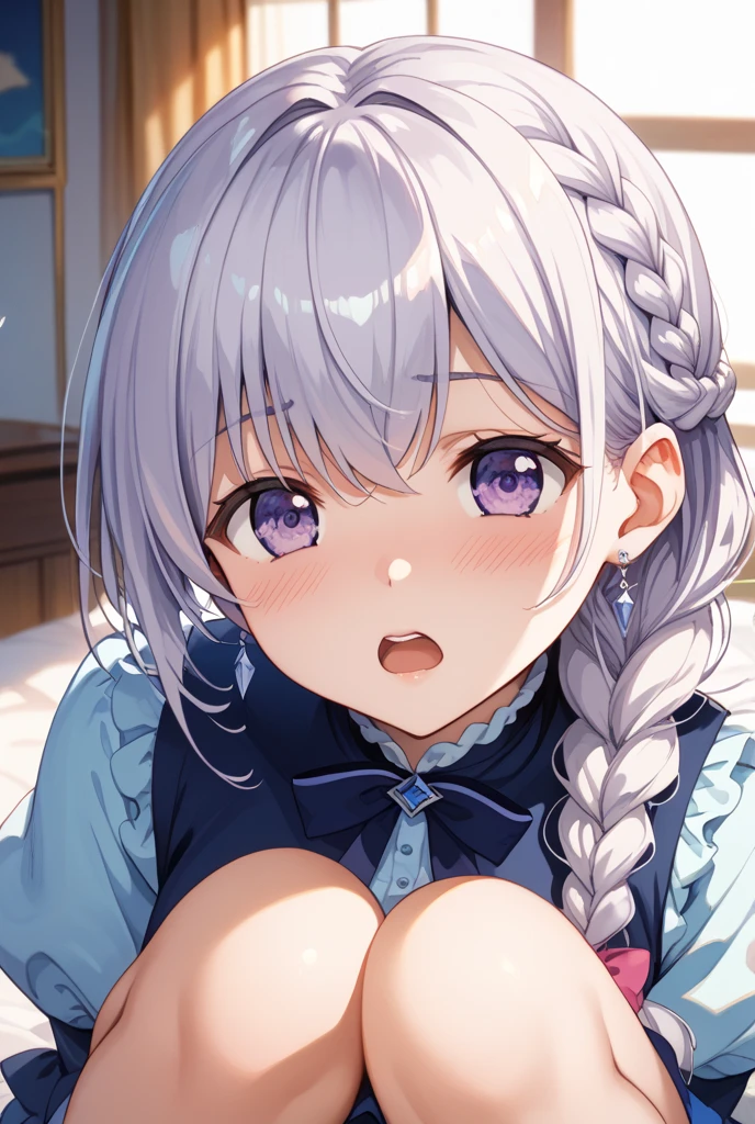 1 boy, fellatio, penis、(highest quality)), ((masterpiece)), (Familiar), Perfect Face、throw,1 boy, penis, Chest Blowjob, Paizuri, penis is between breasts, penis in breasts, Breast compression, Blowjob,Shiny skin,Beautiful breasts,how,Gray Hair,blue eyes,Shiny skin、Kyoto Animation style painting、bed、Braided Straight、Covered in semen,side pony、Kneel、glans licking、Oral Service、Top view、Handjob and licking、Close angle,cum,service ,suit,Fishnet tights