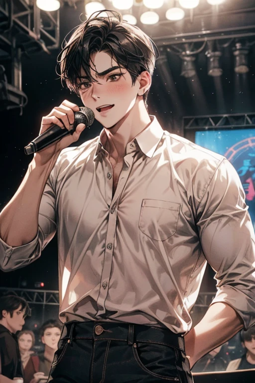 tmasterpiece,Need,super-fine,Semi-realistic,Aladdin A man in a white shirt sings into a microphone, jimin, park jimin, jimin\'s grecian nose, jimin\'s plump lips, Cai Xukun, Inspired by Bian Shoumin, jungkook, hyung tae, Shot on Canon EOS R 6, shaxi, jia, black haired yoongi, IU, Performing on stage, closeup cleavage!!!!!!