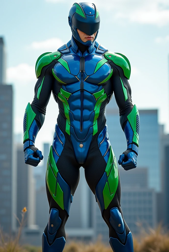 detalhado, Homem-Aranha com Traje de Cor: azul, amarelo e verde, Futuristic and Technological Detail Costume, Fundo(scenecy) Cidade(Buildings).