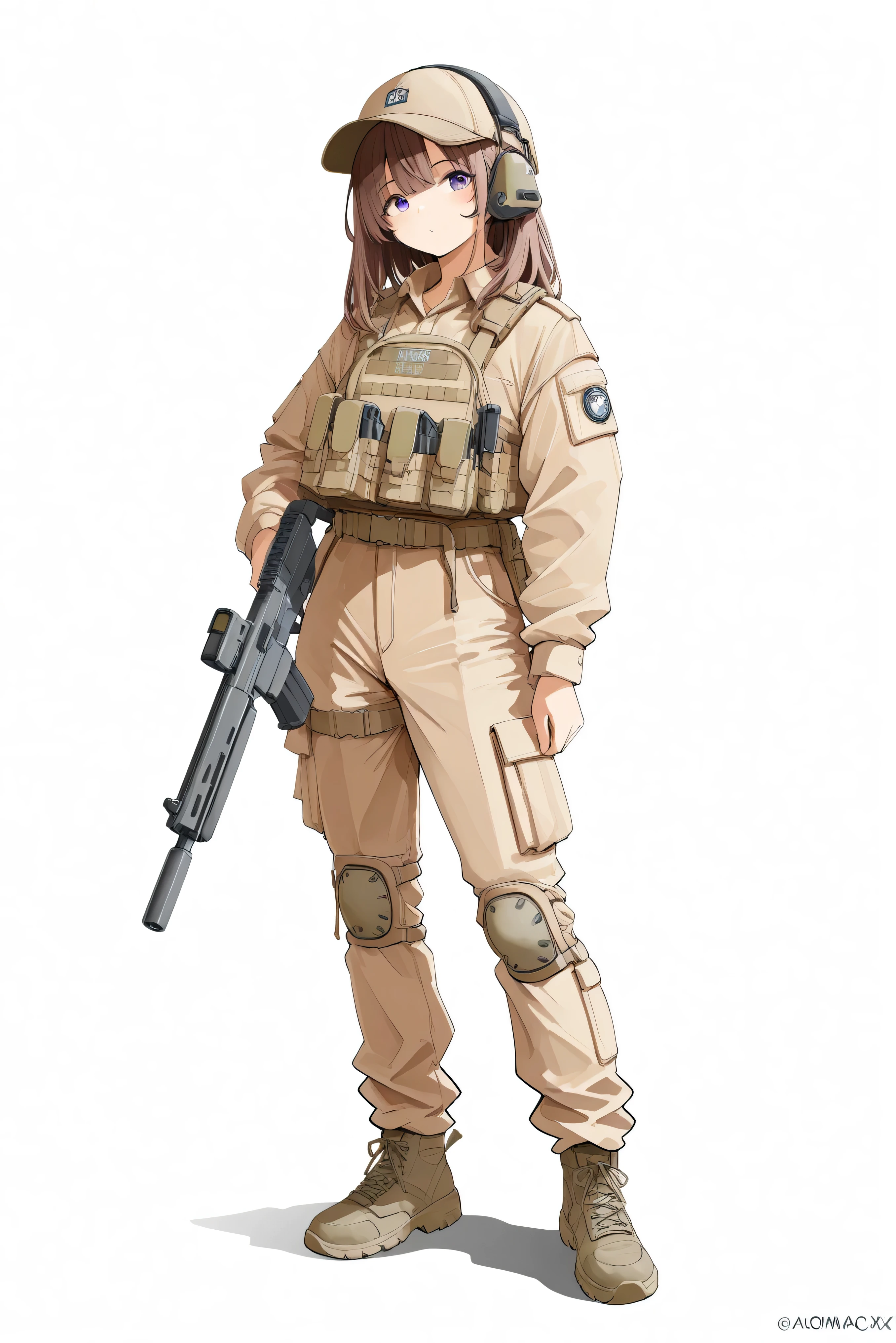 high resolution、High Quality、girl 、 white background 、Automatic rifle、solo、full body、uniform