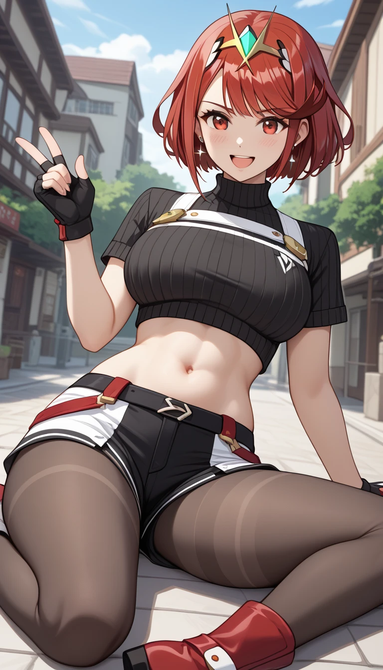 cat ears, 1boy, gold eyes, red hair, fluffy short hair, cat tail, vibrant, HD, black tight hoodie, black booty shorts, accurate hands, blush, black thigh socks, smug, wide hips, big thighs, toned abs, black shoes, flat chest, accurate legs, masterpiece