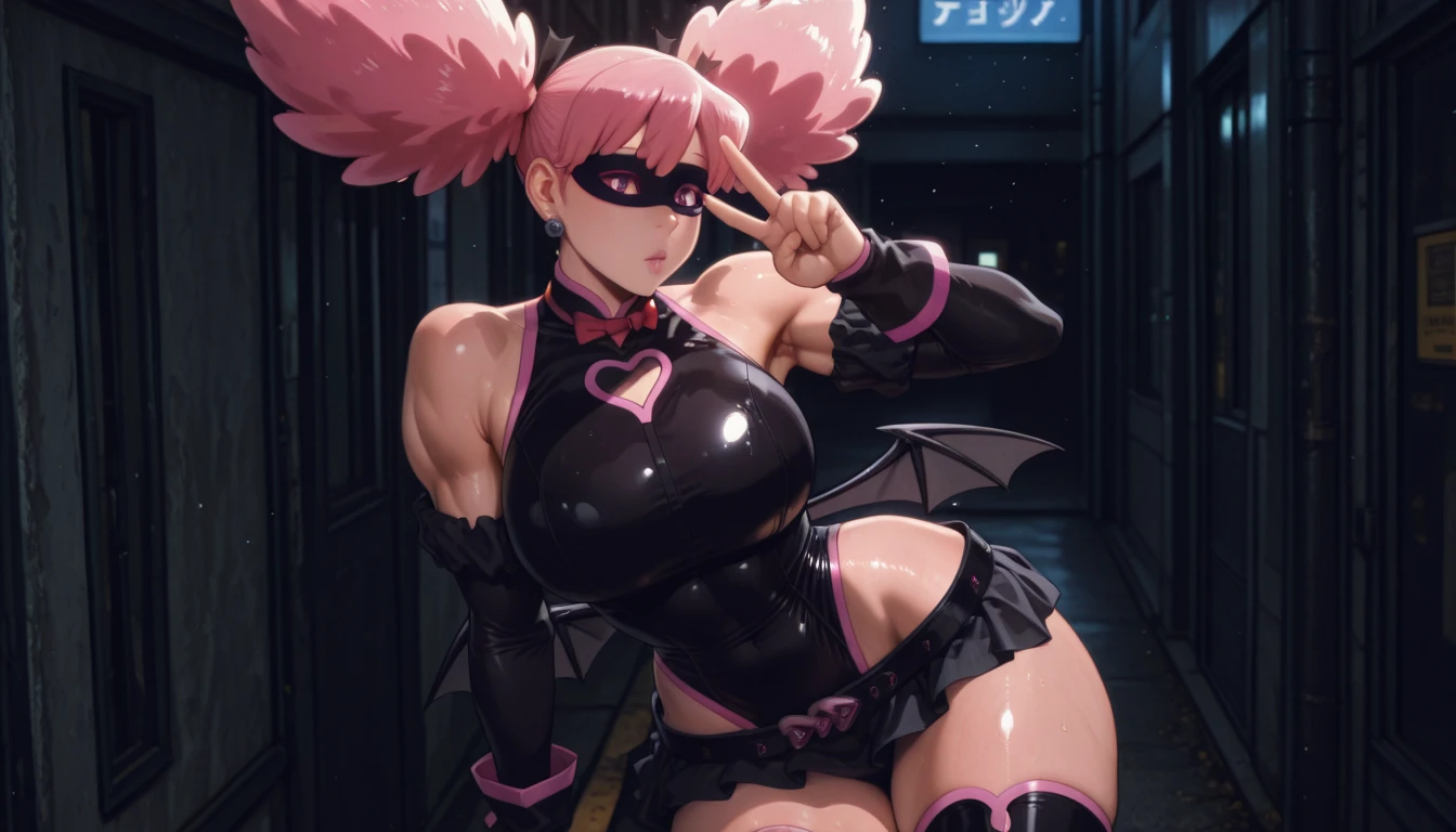 1 girl, high quality, (short hair), pink hair, forehead, blue eyes, (medium breast), straps on thighs:1.3), red background, (stocking), (cameltoe:1.2),(sweaty:1.1), (nipples:0.8), thick thighs, from above