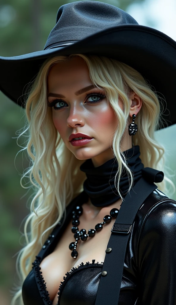 beautfull woman, prickly blonde hair, black leagwear, thorn bracelet, Black Glove