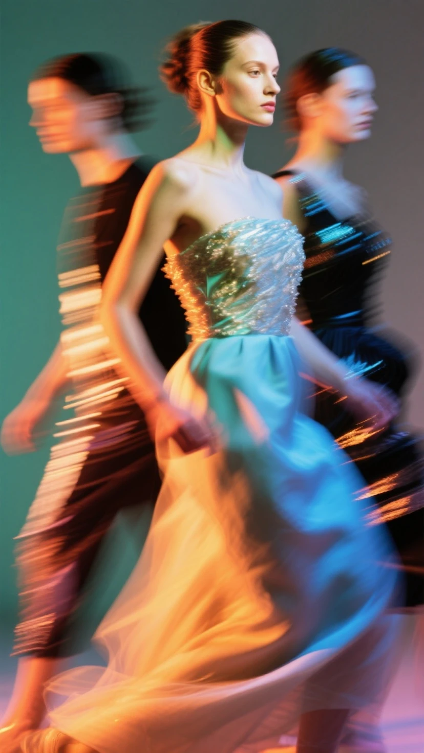  young red-haired woman, beautiful green eyes. long ginger hair. Short A-line strap dress in shiny light blue satin, Tights, 项链, transparent lip gloss, narrow building, Pretty, 2, Full body photo, long legs, Satin top, Dancing in a , looks stunning. is enthusiastic. In the background are wedding guests