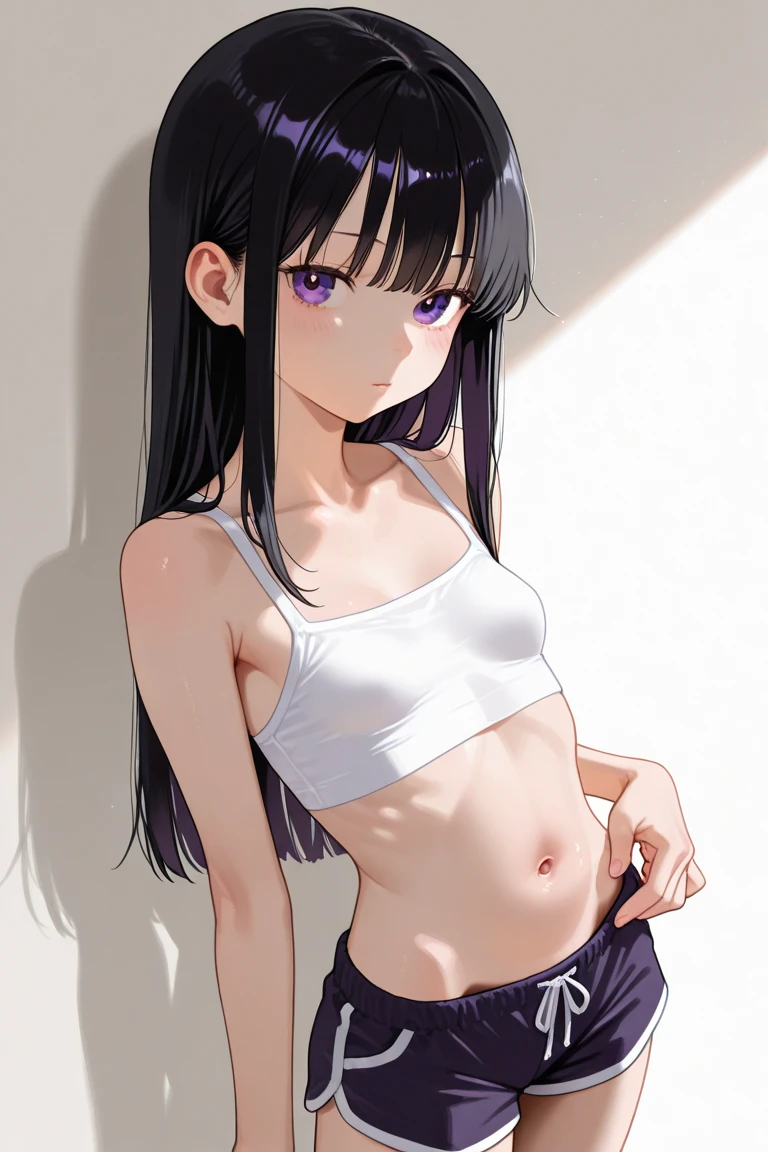 best quality, amazing quality, very aesthetic, absurdres, (1girl, aris (blue archive), blue archive, blue eyes, black hair, small breasts), (realistic face:0.9),(unzipped pants, loose pants, exposed crotch, bandaid crotch, topless, bandaid breasts), (grin, blush, thigh:1.3), (cowboy shot), (glowing eyes), (half closed eyes:0.9), (saliva trail), (official art:1.3), (pool), expressive eyes, perfect face, 4k, extremely detailed anime illustration, extremely detailed eyes, perfect anatomy, light rays, extremely delicate body, smooth skin, (simple background:1.5), clear eyes, beautiful face, small breasts,(anime style:1.7), (Warm Light:1.5), (highres:2),