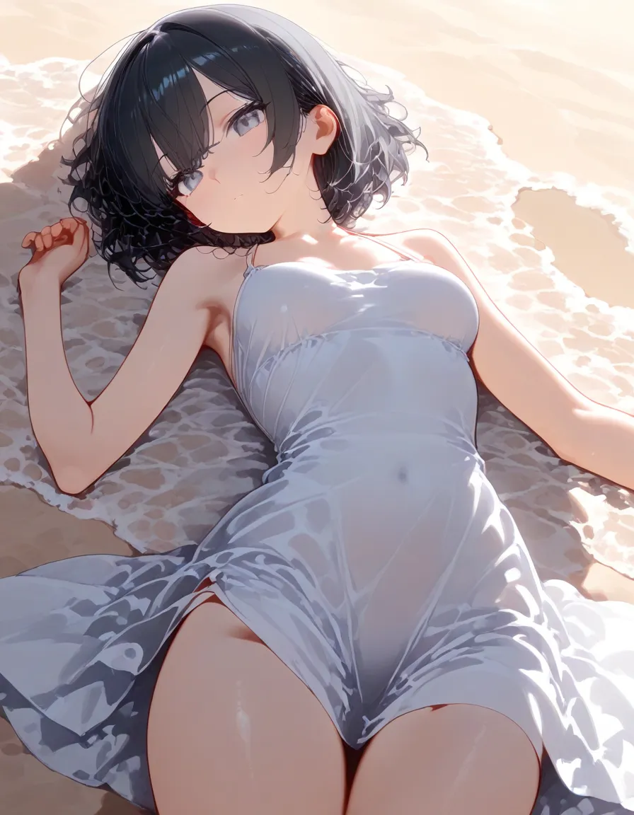 Japanese girl, very young, young girl, young, flat chest, no , flat girl, black eyes, black hair, bobcut with bangs, in swimsuit, on beach