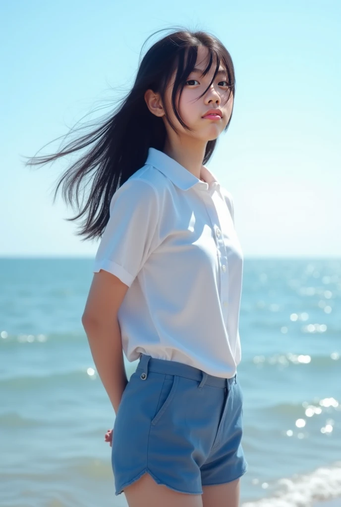 (((Top-down configuration:1.33)))、((No underwear:1.55))、One Girl、Beautiful and detailed eyes and face、barefoot、20 year old cute Japan woman, ((Extremely precise and accurate anatomy:1.0)), (photo Realistic:1.4), (hyper Realistic:1.4), (最高品質のRealisticな肌の質感:1.4), (Improvement of quality:1.4), (Enhances the beauty of skin texture:1.1), Clean and glowing skin, mesh, thin:1.2, (Realistic:1.3), Realisticなライティング, (Smoother lighting:1.05), (Improving the quality of cinema lighting:0.9), Backlight, A gentle light on your face, Ray Tracing, (Bright light:1.2), 32k, One Japanese woman, fine grain, Detailed face, (Film Grain:1.1),(Accentuates body lines:1.1), High resolution, Natural look, Kind eyes, Improves hair quality, Delicate light and shadow, Transparent muscles, Graceful pose, Beautiful Eyes, Sharp details, Soft light reflection, Beautiful contours, Delicate skin tone, Fine hair texture, Natural background, (((sunny day、Beach、A strong wind is blowing、Her hair and skirt are flying、Squat, Traditional navy blue sailor uniform、Open shirt、Pleated skirt、Scooping seawater with hands:1.25、splash、Sandy Beach、Light of the sun、clear blue sea、The waves crash quietly、Blue sky and white clouds、green mountain々、Beautiful Nature、The joys of youth)))、