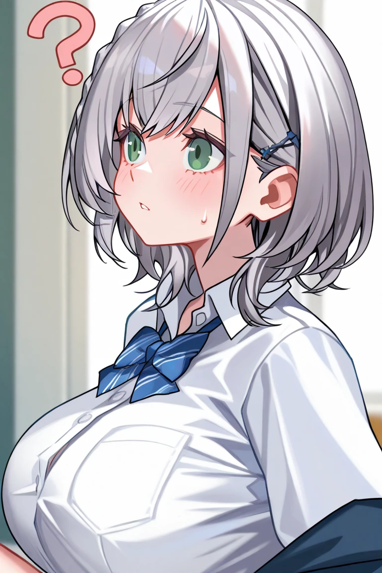 masterpiece, 8k, 4k, high quality, Anna Nishikinomiya Shimoneta, lustful anime girl with short silver hair and sea blue eyes, wearing black headband, shivering/shaking, drooling, sexual fluids, gapmoe yandere in ecstacy, hands on face, flaunting luscious hips and massive breasts, wearing an untucked white school t-shirt with a buttoned up dark grey school overcoat, wearing a long blue school skirt and black leggings, https://www.pixiv.net/en/artworks/51735719, artist クシャビリア, anime shimoneta, pixiv top rankings, danbooru top rankings, good artist,