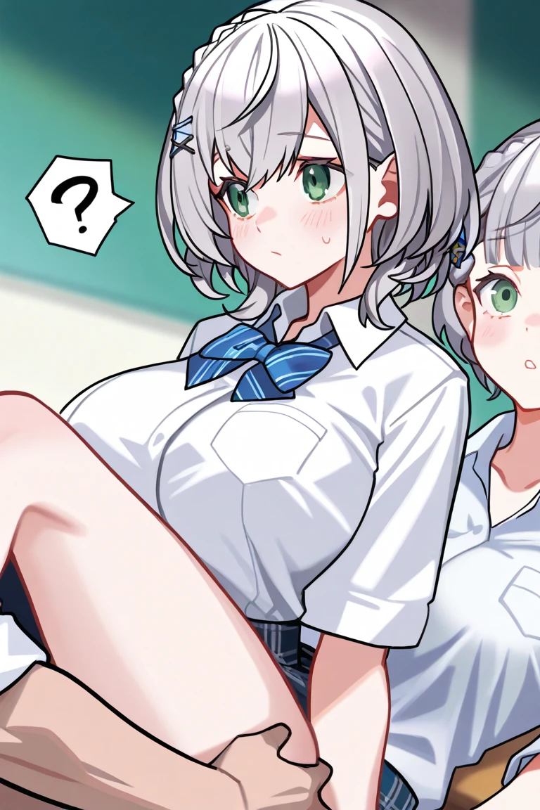 Highest quality,masterpiece,indoor,classroom,Green Eyes, Grey Hair, hair ornaments, Animal ears, Small breasts,naked,Lying on your back on a desk,Spread your legs,Expand the vagina,Put your finger in your vagina,pussy juice,:3