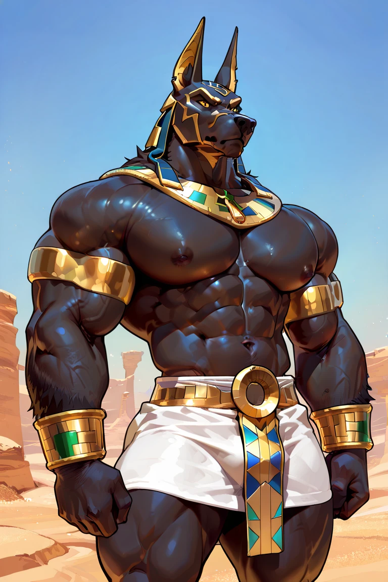ultra-detailed, masterpiece, masterwork, high quality, best quality, hdr, (nature, pyramid, sand), posted on e621, (by darkgem), nsfw, male, solo, (little body anubis), canine, (yellow eyes), standing, dynamic angle, ((foreskin, perfect balls))