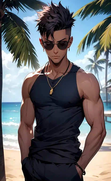 highest quality, 8K, high resolution image, anime style Jujutsu Kaisen, detailed strokes, slightly tanned skin, blurry, purple light reflecting from it, (close angle), 1 man, young, male, model, cool guy, muscular, shaved body, smile, blue Eyes, brown very short hair, brown hair, short hair, hairstyle: undercut, hair slicked back, swollen chest, he is wearing a tank top sunglasses and sweatpants, hand in trouser pocket, gold link chain, background: Beach, sea, blue sky, palm trees