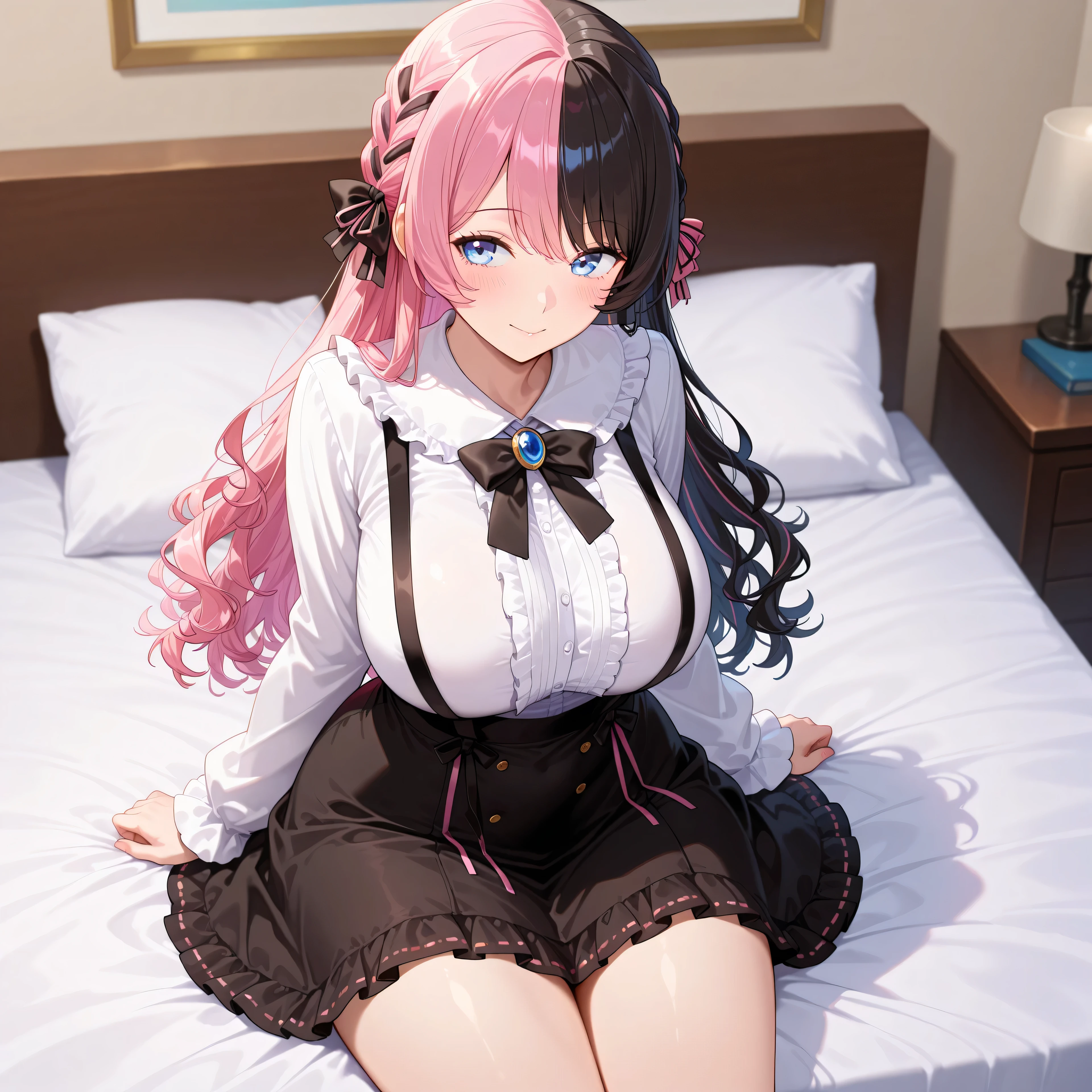 best quality, masterpiece, Super detailed,High resolution,Extremely detailed CG, ,Hinan0Def, blue eyes, multicolored hair, pink hair, black hair, long hair, french braid, hair bow, black bowtie, brooch, frilled shirt, white shirt, long sleeves, black skirt, suspender skirt、mature female
