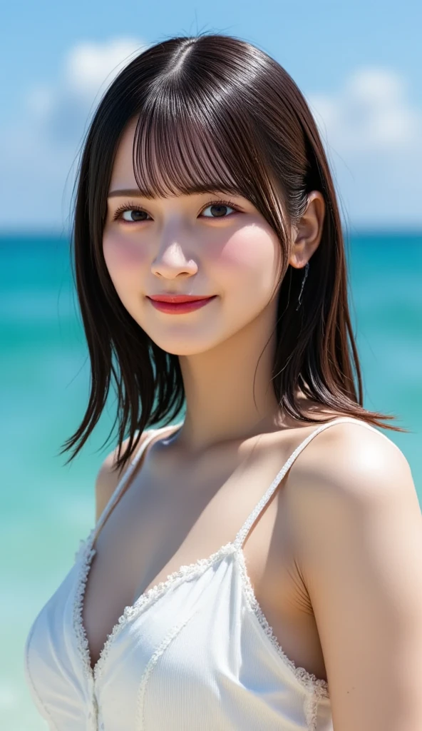 In 8K,Highest quality:1.4, Ultra-high resolution:1.5, (Realistic:1.4),masterpiece:1.2,(Highest quality:1.4)、 RAW Photos、 (The background is blurred), Sea side, Sandy Beach, 1 Japanese girl, cute, (alone:1.4), (A shy smile), Smooth Skin、Floral Bikini:1.3、 (Brown medium hair,bangs), (Touching your hair:1.4),Nogizaka,cute swimsuit,Flexible fingertips,Beautiful dark eyes、dual、Natural skin texture:1.3, Realistic eye and facial details:1.7、Mid-breasted、Daytime、Sculpture Pose:1.1、Tight ass:1.5、Put your hands behind your head、Staring at the audience,The photographer is facing away.5Please step back